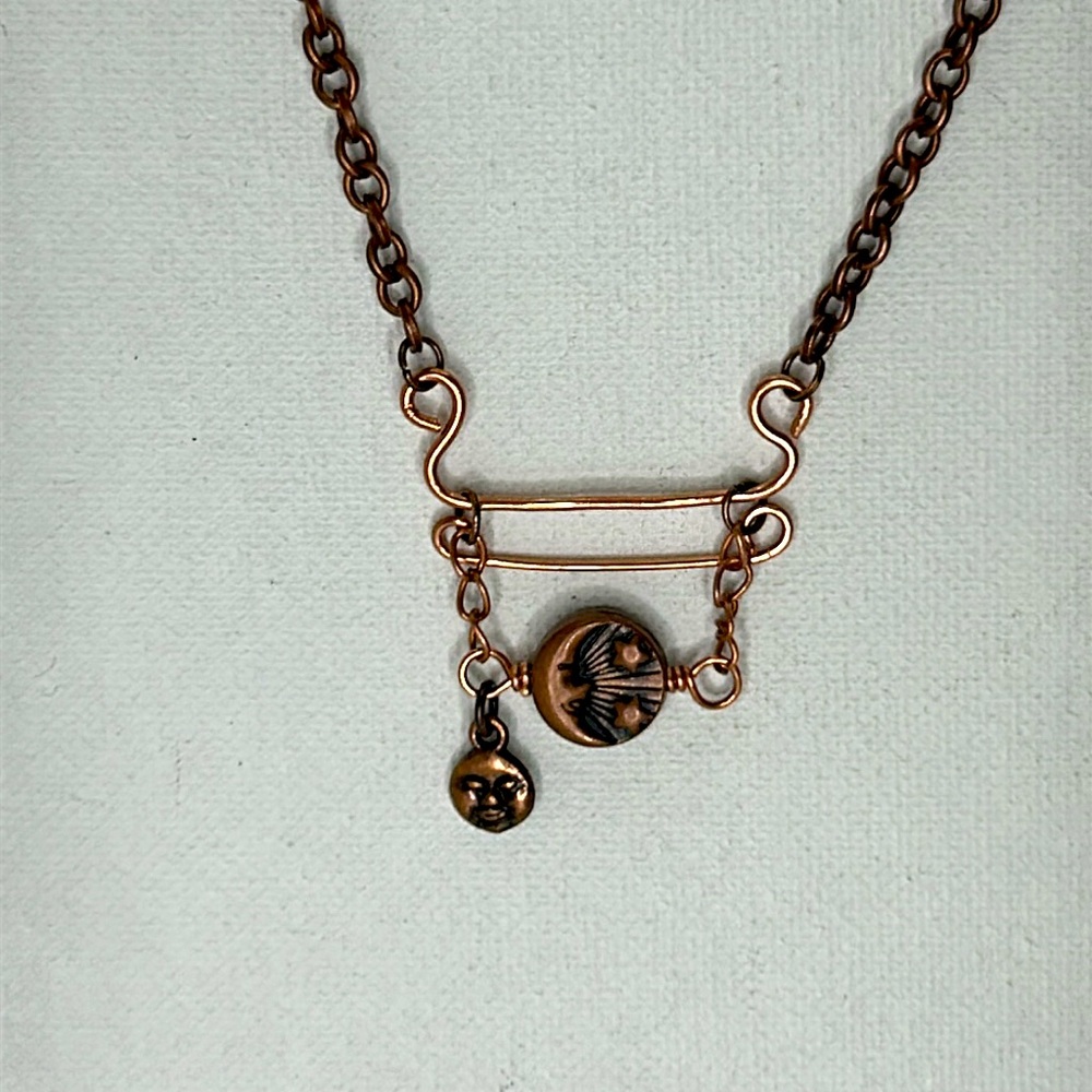 Hand Crafted Solid Double Copper Bar Sun Moon Face Dangle Necklace Celtic Boho
